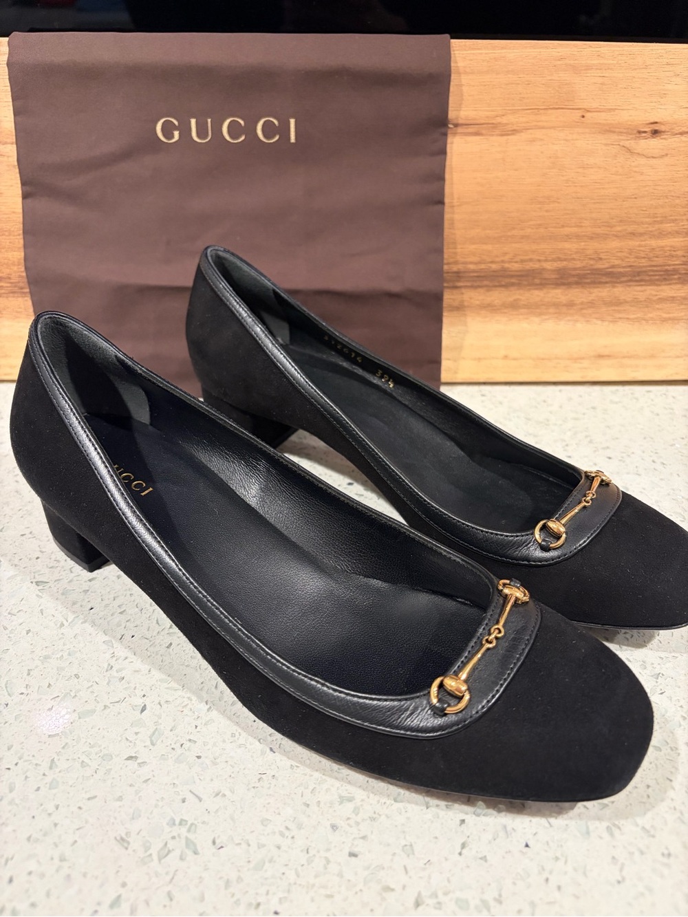 Gucci Black Suede Low Block Heel Pumps with Gold Horsebit